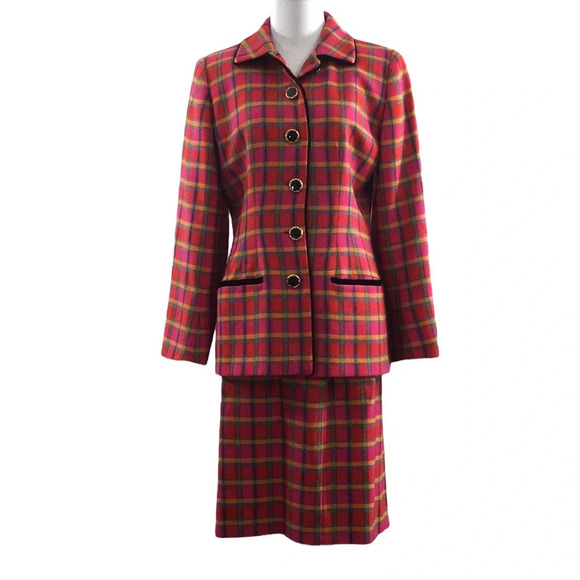 Ungaro Solo Donna Pink Yellow Plaid Blazer Skirt Suit Womens‎ 42/8 Wool Cashmere